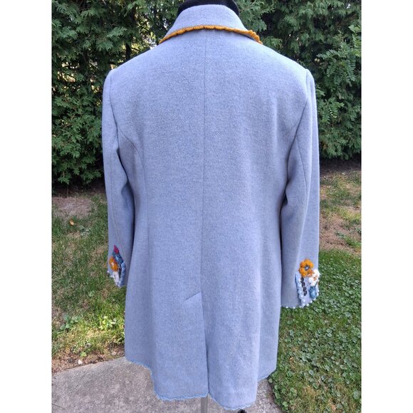 Upcycle Light Blue Coat with Crochet Flowers and Pearl Beads Size 16 - Picture 11 of 11